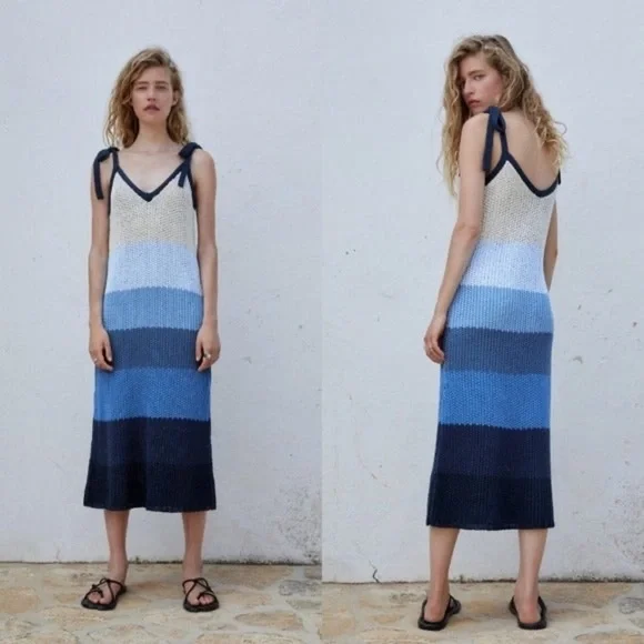 Zara Stripe Knit Midi Dress Tie Straps Blue Small - Picture 2 of 11